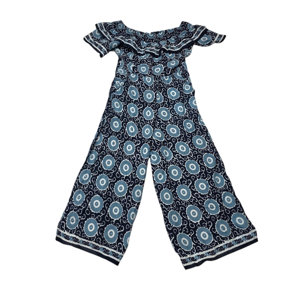 Kopal Jumpsuit Womens Medium Blue Printed Off Shoulder Ruffle Wide Leg Cotton